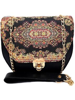 Elegant Black and Multicolor Patterned Shoulder Bag